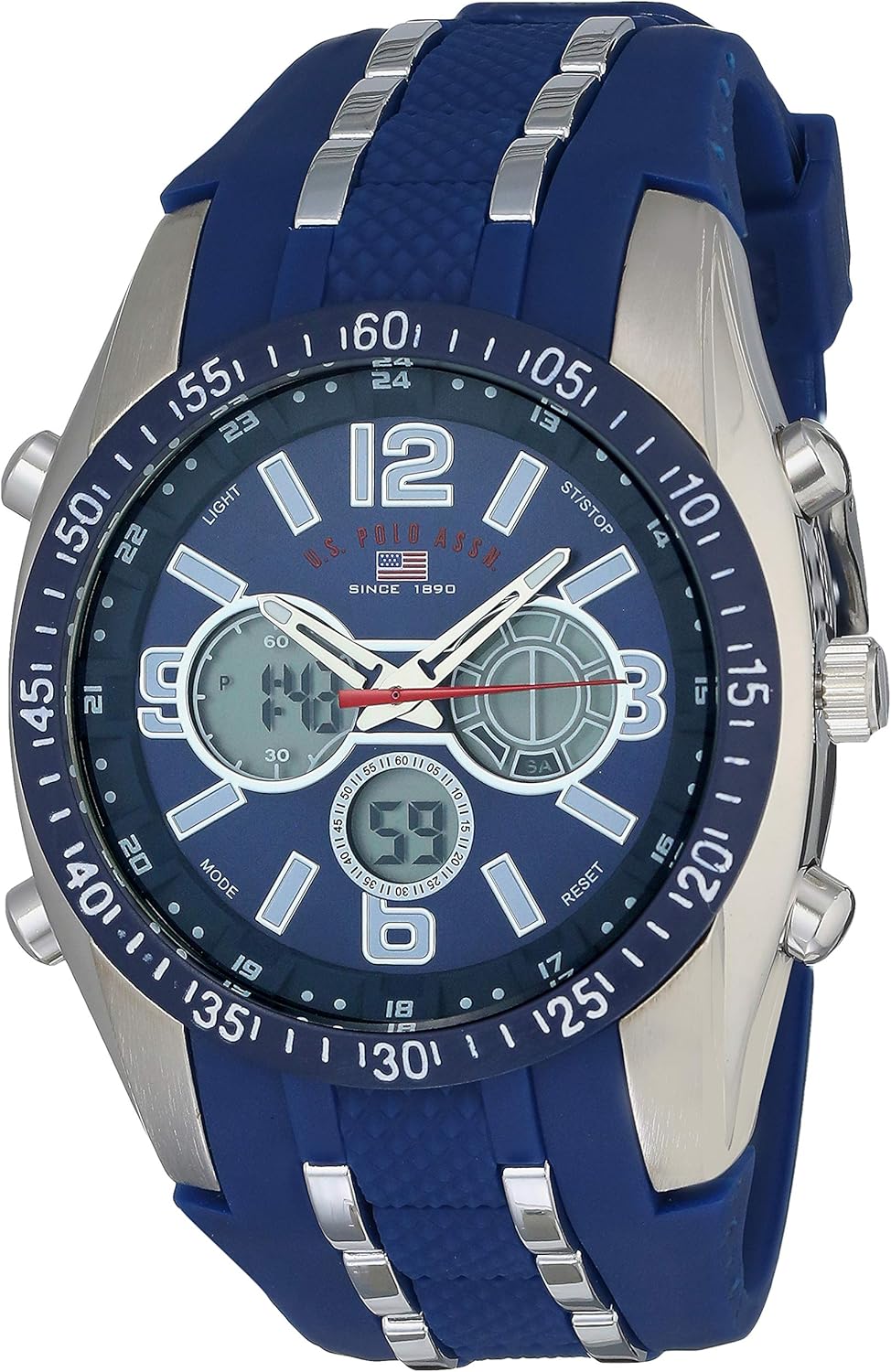 HOTU.S. Polo Assn. Men's Sport Watch with Analog-Digital Display, Blue Silicone Strap, Backlight Timer Alarm Day Date, 44mm Case, Fits Wrists 6.5" to 8.5"