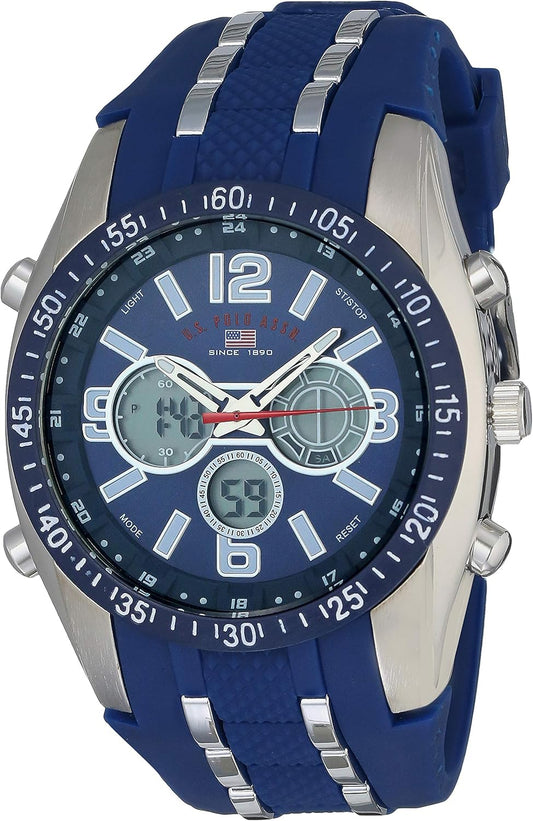 HOTU.S. Polo Assn. Men's Sport Watch with Analog-Digital Display, Blue Silicone Strap, Backlight Timer Alarm Day Date, 44mm Case, Fits Wrists 6.5" to 8.5"