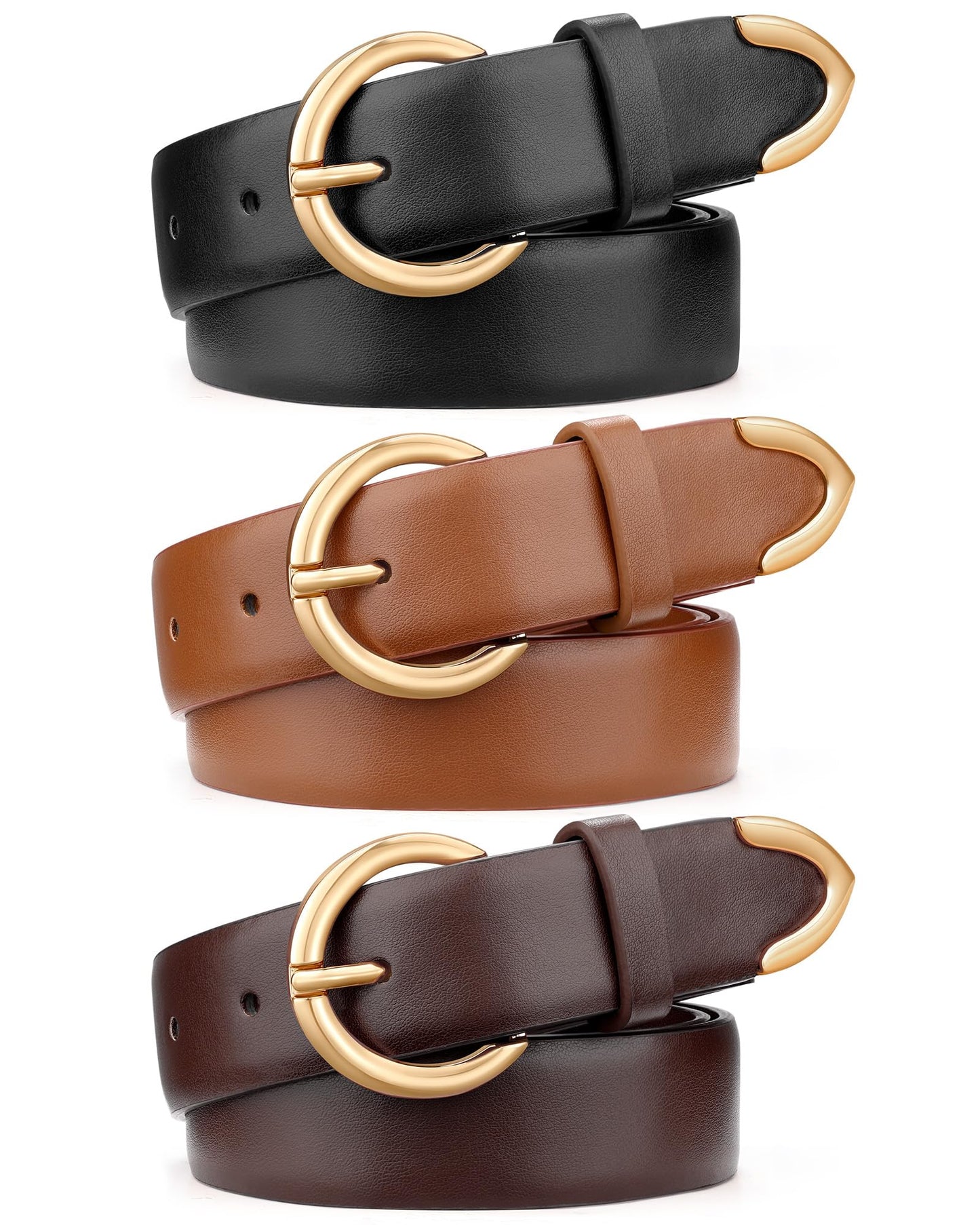 HOTXZQTIVE 3 Packs Women's Leather Belts For Jeans Dresses Pants Fashion Ladies Waist Belt with Double O-Ring Gold Buckle