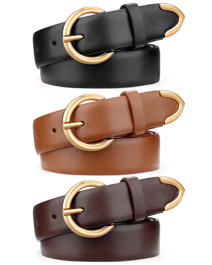 HOTXZQTIVE 3 Packs Women's Leather Belts For Jeans Dresses Pants Fashion Ladies Waist Belt with Double O-Ring Gold Buckle