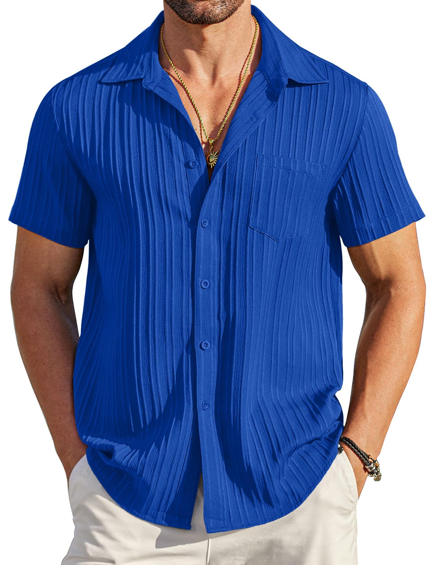HOTCOOFANDY Men's Casual Button Down Shirts Short Sleeve Textured Summer Beach Shirt with Pocket