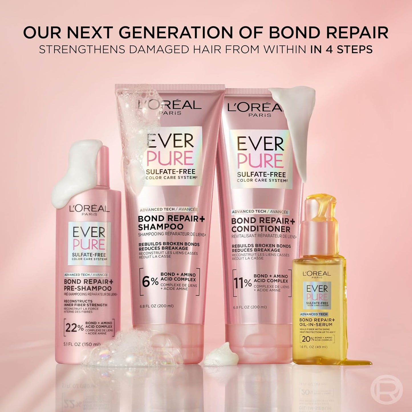 HOTL'Oreal Paris Sulfate Free Bond Repair+ Shampoo and Conditioner Set with Bond + Amino Acid Complex, Strengthens and Repairs Damaged or Color Treated Hair, EverPure, 13.6 Fl Oz Set (Packaging May Vary)