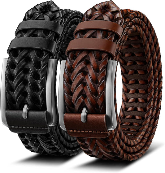 HOTBULLIANT 2-Pack Braided Woven Leather Belts for Men 1 3/8"-Gift Boxed | Holeless Understated Elegance| Breathable & Lightweight | Versatile For Golf, Casual, Jeans