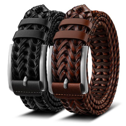 HOTBULLIANT 2-Pack Braided Woven Leather Belts for Men 1 3/8"-Gift Boxed | Holeless Understated Elegance| Breathable & Lightweight | Versatile For Golf, Casual, Jeans