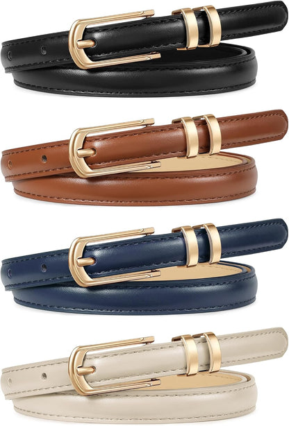 HOTWERFORU 4 Pack Women Skinny Leather Belt for Jean Pant Fashion Thin Waist Belt for Women Outfit Belt with Gold Buckle