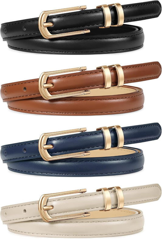 HOTWERFORU 4 Pack Women Skinny Leather Belt for Jean Pant Fashion Thin Waist Belt for Women Outfit Belt with Gold Buckle