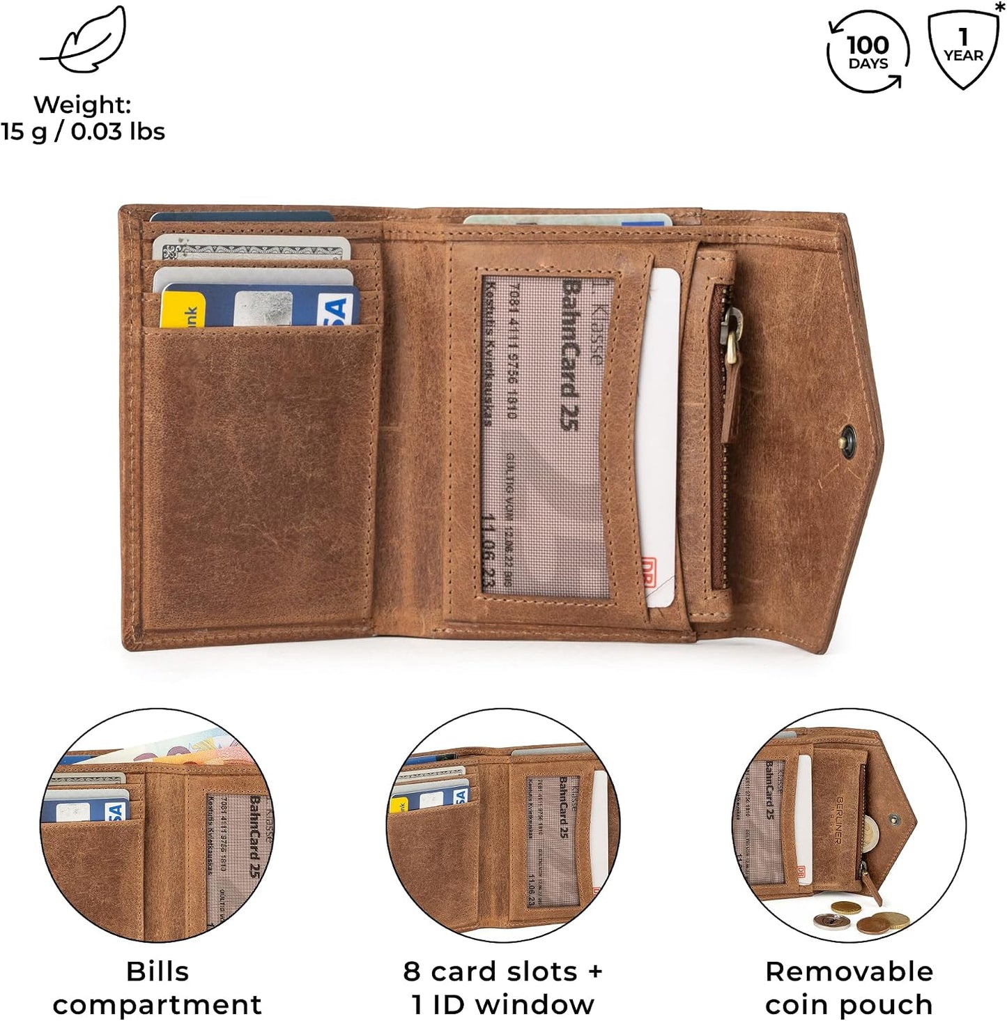 HOTBERLINER BAGS Genuine Leather Small Wallet Women Katy, Gift Box – Brown | Soft Leather Trifold Wallet, Fits Purses & Crossbody Bags, 8 Card Slots, 1 ID Window, Removable Coin Pouch, RFID Blocking
