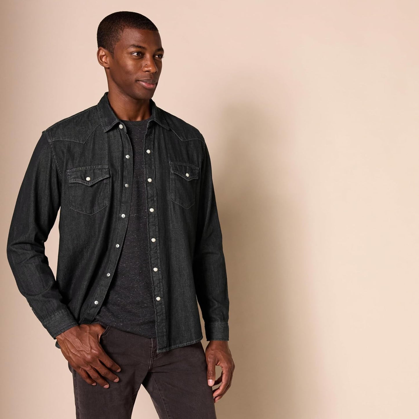 HOTAmazon Essentials Men's Slim-Fit Long-Sleeve Denim Western Style Cotton Shirt with Snap Buttons, Lightweight