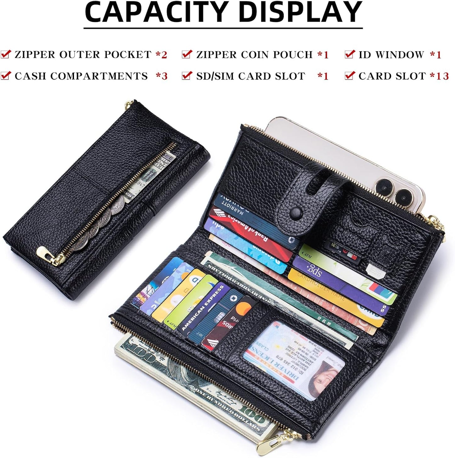 HOTLarge Capacity Wallets for Women Soft Leather RFID Blocking Long Wallet Ladies Bifold Clutch Purse Credit Card Holder with Double Zipper Pocket ID Window,Black