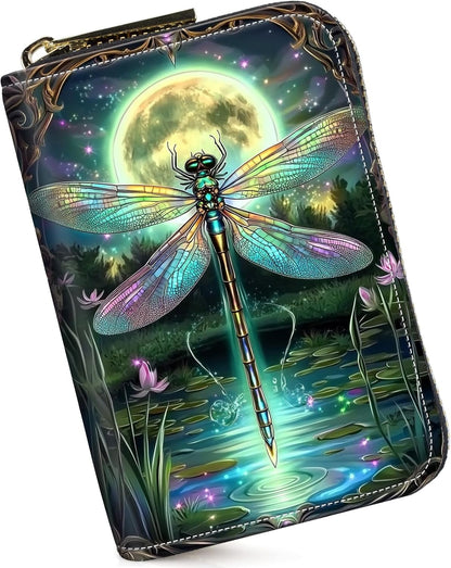 HOTCredit Card Holder for Women Men,RFID Blocking Small Card Case Wallet with Zipper,Leather Pocket Business Card Accordion Wallet-Green Dragonfly