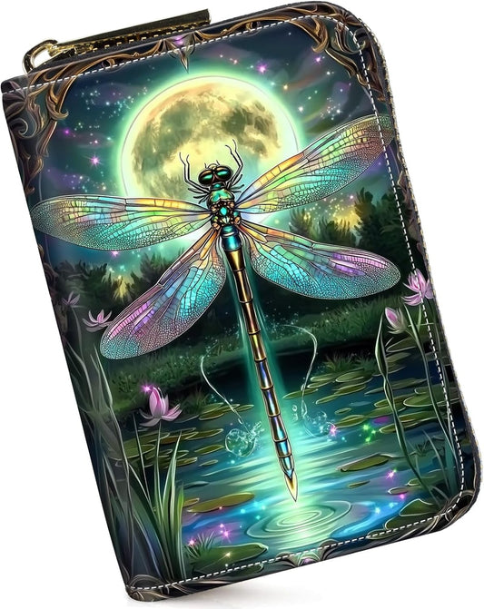 HOTCredit Card Holder for Women Men,RFID Blocking Small Card Case Wallet with Zipper,Leather Pocket Business Card Accordion Wallet-Green Dragonfly