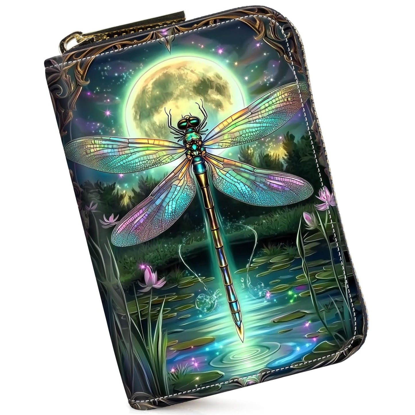 HOTCredit Card Holder for Women Men,RFID Blocking Small Card Case Wallet with Zipper,Leather Pocket Business Card Accordion Wallet-Green Dragonfly
