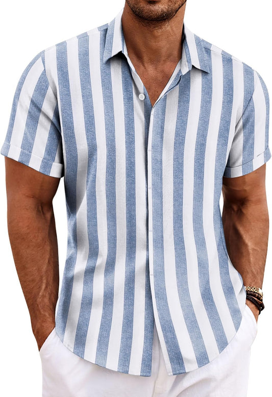 HOTCOOFANDY Men's Linen Shirts Short Sleeve Casual Shirts Button Down Shirt for Men Beach Summer Wedding Shirt