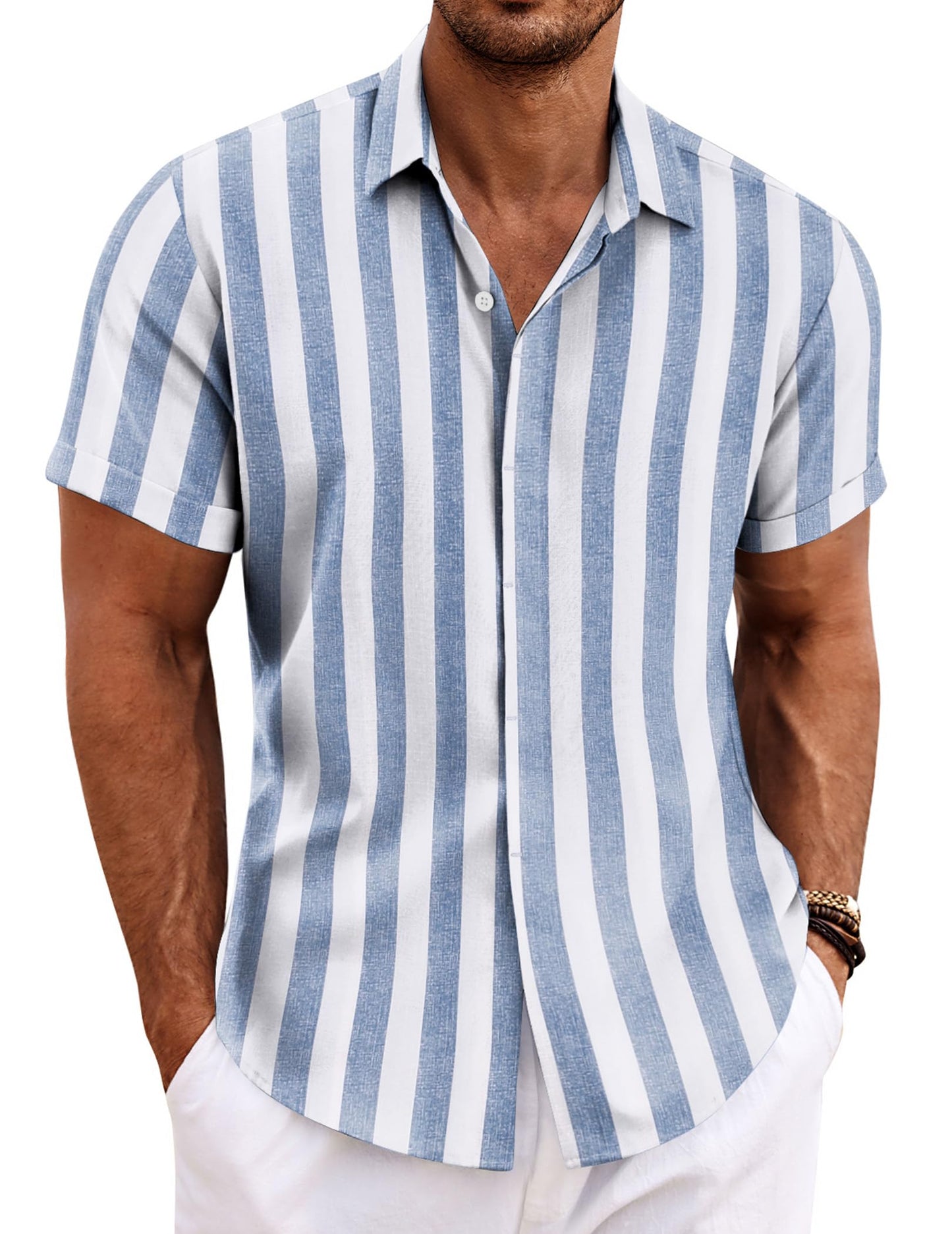 HOTCOOFANDY Men's Linen Shirts Short Sleeve Casual Shirts Button Down Shirt for Men Beach Summer Wedding Shirt