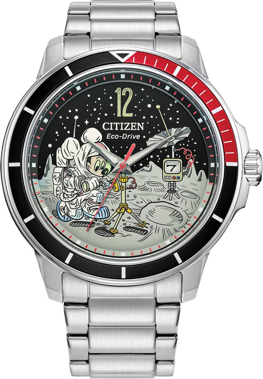 HOTCitizen Eco-Drive Men's Mickey Astronaut Stainless Steel Watch, Red and Black Bezel, (Model: AW1709-54W)