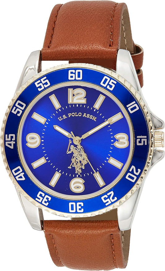 HOTU.S. Polo Assn. Men's Brown Leather Strap Watch with Blue Dial and Silver-Tone Case – Analog Quartz Timepiece with Sport Bezel Accent Box Included Fits Wrists 5.5"-8"