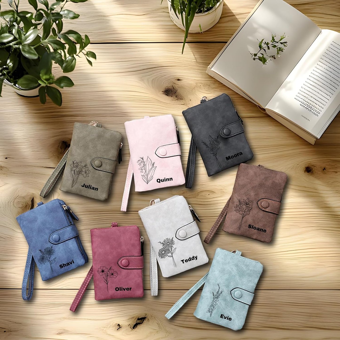 HOTPersonalized Wallets for Women - Custom Birth Flower and Name, Leather Ladies Wallet, Card Holder Coin Purse, Personalized Birthday Christmas Gifts for Mom Grandma (birthday flower)