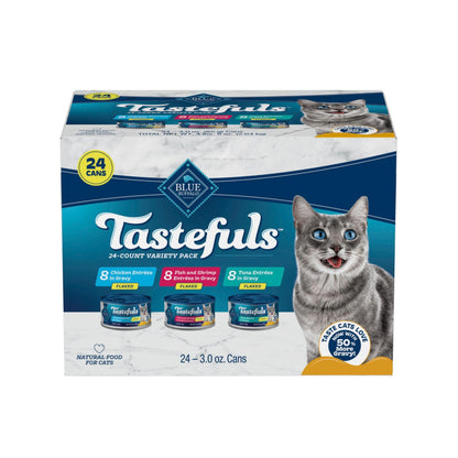 HOTBlue Buffalo Tastefuls Flaked Adult Wet Cat Food Variety Pack (Tuna, Chicken, Fish & Shrimp), Natural Ingredients Enhanced with Vitamins, Minerals & Other Nutrients, 3-oz. Each (12 Cans)