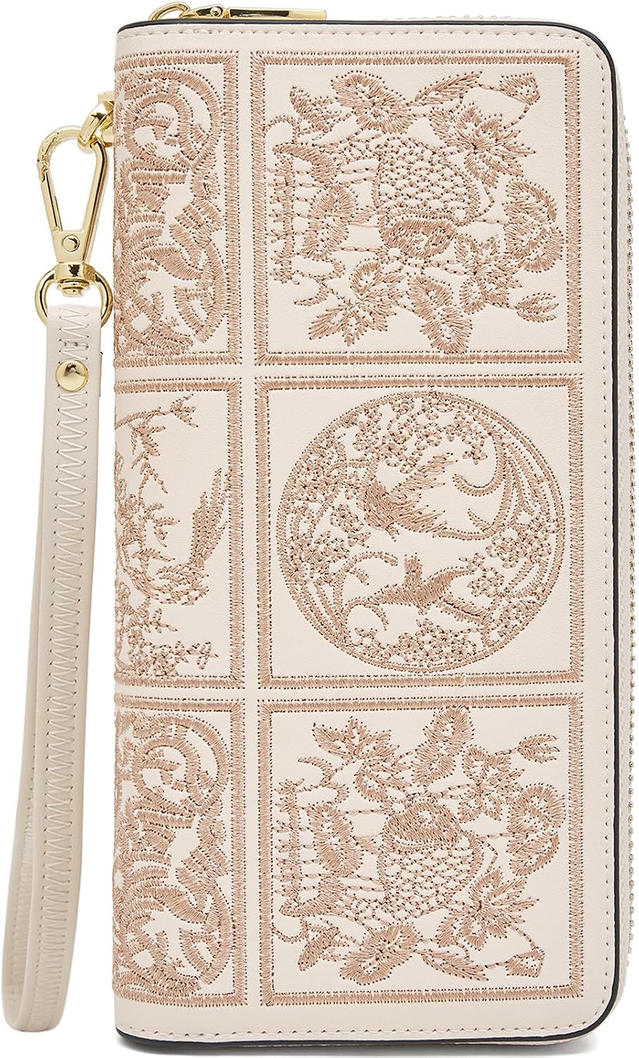 HOTFOXLOVER Wallets for Women RFID Blocking Embroidery Leather Women's Wallet Zip Wristlet Clutch(Apricot)