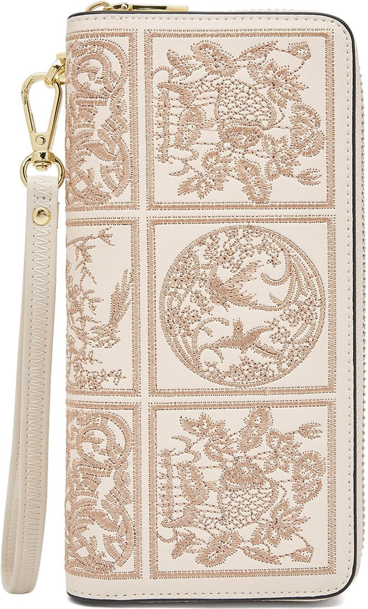 HOTFOXLOVER Wallets for Women RFID Blocking Embroidery Leather Women's Wallet Zip Wristlet Clutch(Apricot)