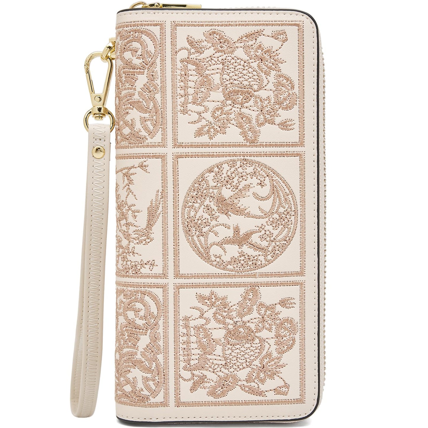 HOTFOXLOVER Wallets for Women RFID Blocking Embroidery Leather Women's Wallet Zip Wristlet Clutch(Apricot)