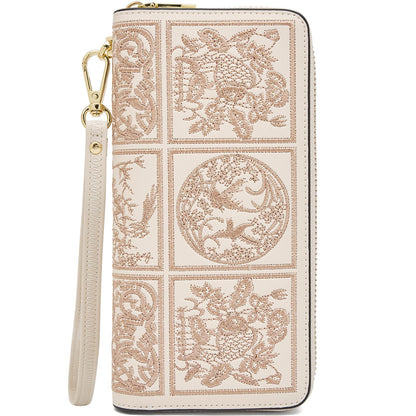 HOTFOXLOVER Wallets for Women RFID Blocking Embroidery Leather Women's Wallet Zip Wristlet Clutch(Apricot)