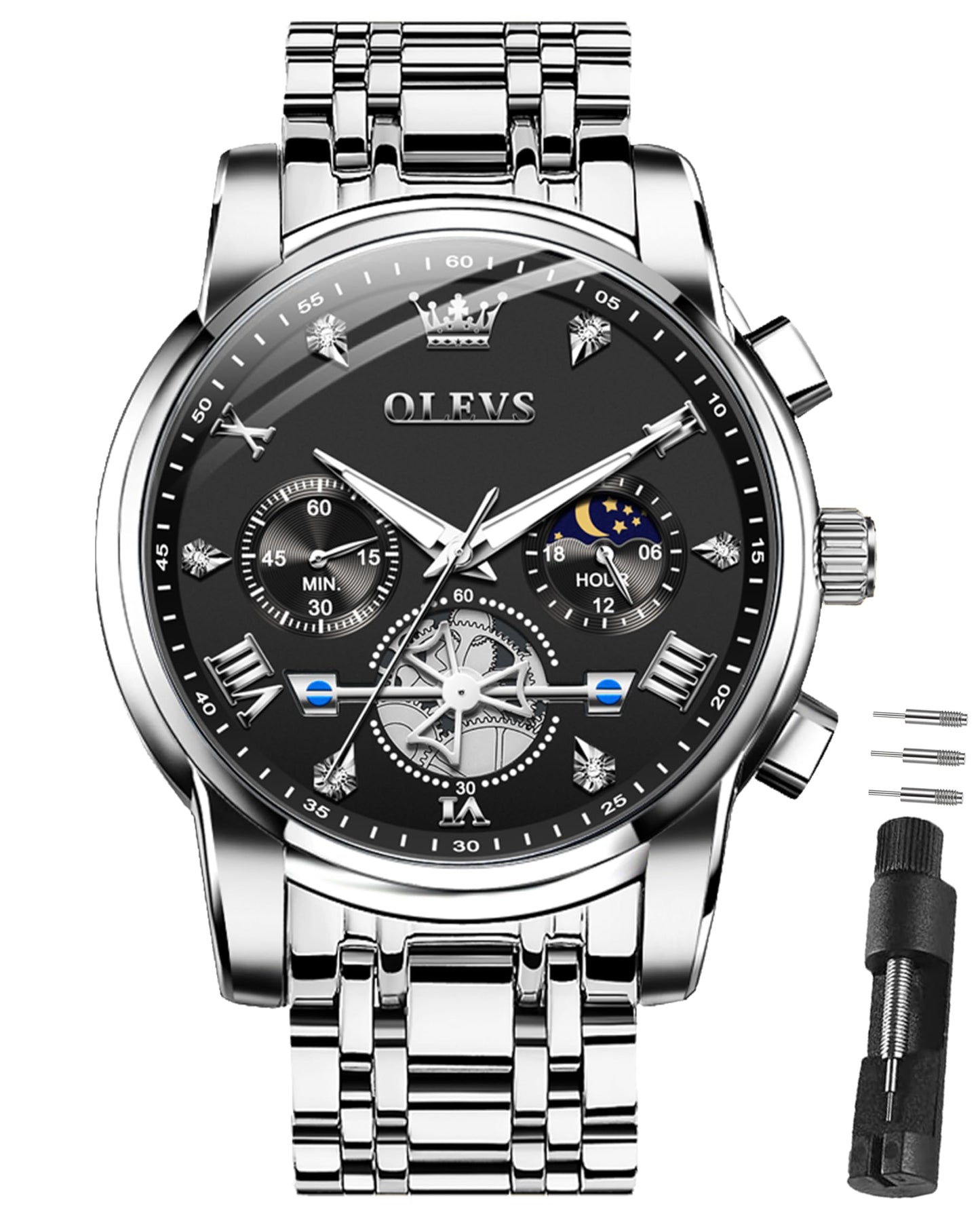 HOTOLEVS Watches for Men Dress Watch Chronograph Luxury Stainless Steel Big Face Men Watches Multi-Function Easy to Read Diamond Roman Numerals Business Wristwatch Reloj para Hombre