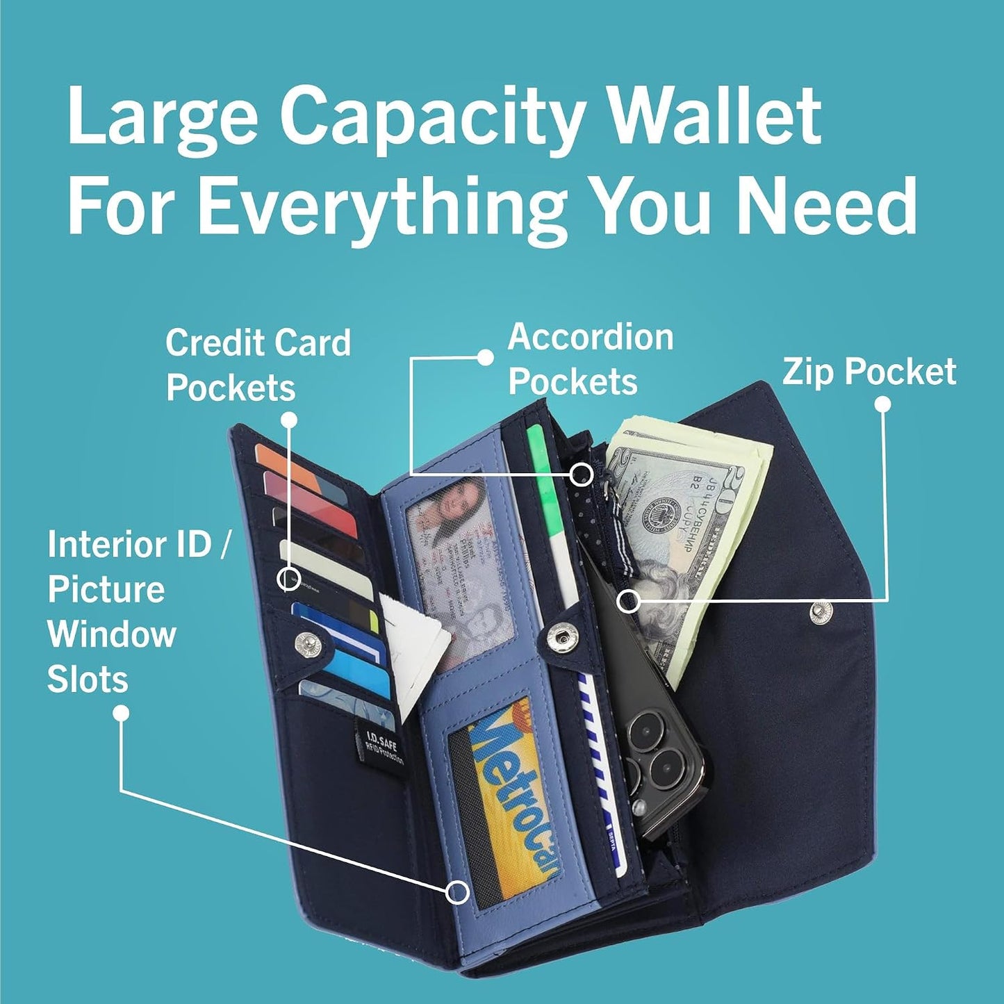HOTNautica Money Manager Womens Slim RFID Blocking Wallet, Small Bifold Credit Card Holder with Zipper Coin Pocket and ID Window