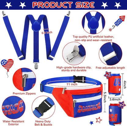 HOTSweetude 4th of July Fanny Pack America Flag Patriotic Outfit Set 250 Years Beverage Beer Belt Costume Set Accessories with USA Drink Holder Sunglasses Striped Sweatband