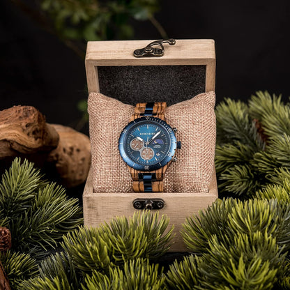 HOTBOBO BIRD Mens Quartz Wooden Watches Stainless Steel Red Sandalwood Alloy Wood Watch for Male Classic Function Wristwatch Chronograph Luminous Hands Day and Night Date Display
