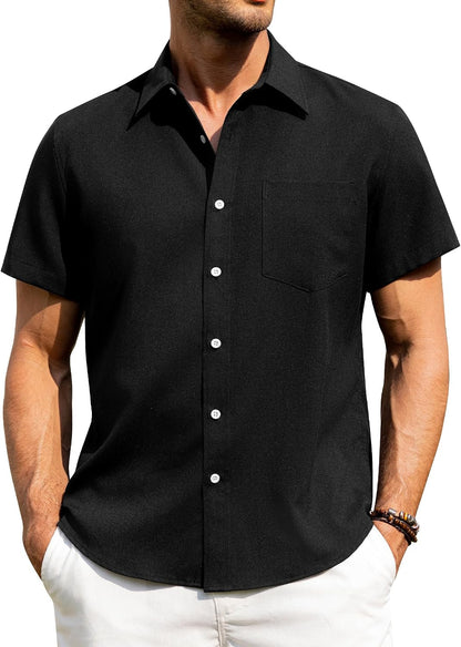 HOTAlimens & Gentle Mens Linen Shirts Short Sleeve Button Down Shirts Wrinkle Free Casual Vacation Beach Summer Tops