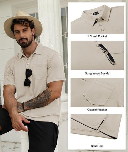 HOTSCODI 5 Pack Mens Pocket Polo Shirts Short Sleeve Multipack Golf Shirt for Men Moisture Wicking Casual Athletic Work T-Shirts
