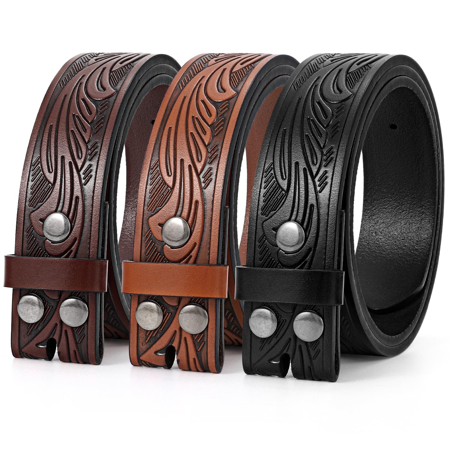 HOTSANSTHS 3 Pack Western Belts for Men Woman without Buckle, Cowgirl Cowboy Belt for Buckle Western Leather Belt for Jeans | Embossed Genuine Leather, 1.5" Wide Belt, 3 Snap Buttons, Classic Cowboy Style, for Western buckle Rodeos Costume Party Gifts