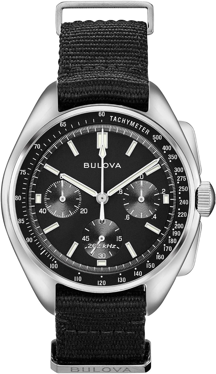 HOTBulova Men's Archive Series Lunar Pilot 6-Hand Chronograph High Performance Quartz Stainless Steel, Black NATO Strap and Sapphire Crystal Style: 96A225