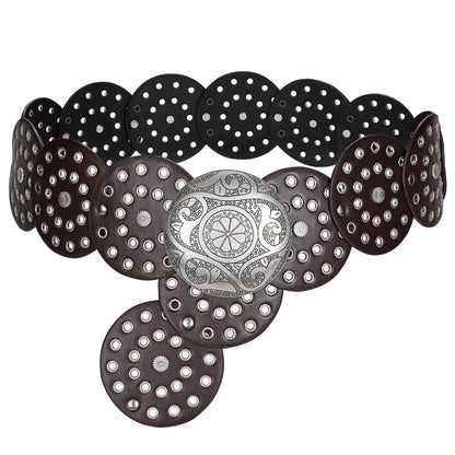 HOTWERFORU Women Vintage Leather Belt Western Disc Waist Belts Ladies Western Belt Boho Belt for Dress Jean-