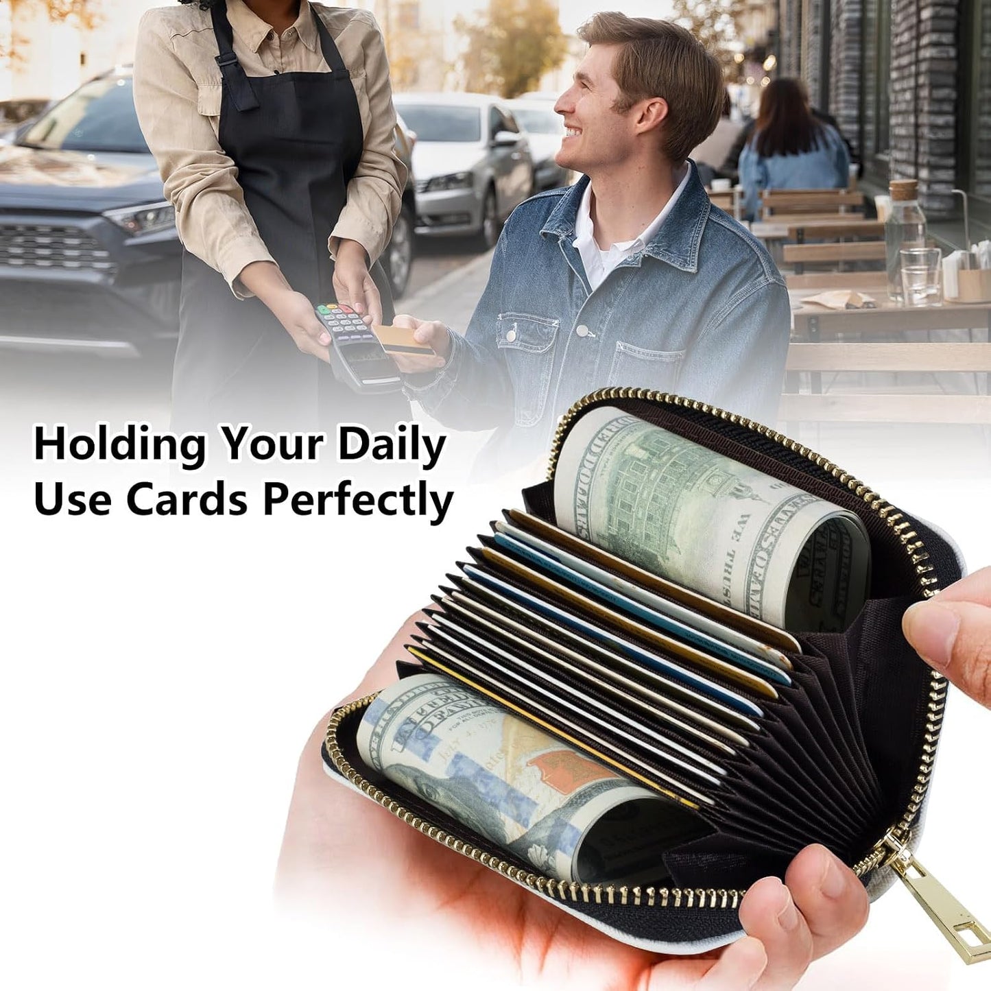 HOTCredit Card Holder for Women,Zipper 14-Slot RFID Blocking Wallet,Small Slim Cute Leather Compact Accordion Case,Business Card Holder Case,Organizer Gifts for Ladies,Cute Highland Cow