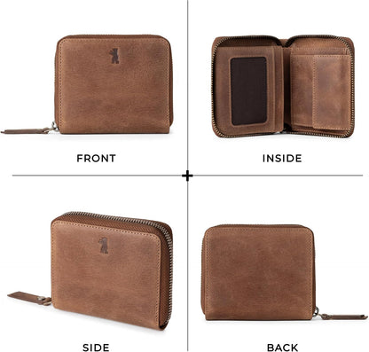 HOTBERLINER BAGS Genuine Leather Small Wallet Women Palermo, Gift Box – Brown | Soft Leather Trifold Zip Wallet, Fits Purses & Crossbody Bags, 8 Card Slots, 1 ID Window, Coin Pocket, RFID Blocking