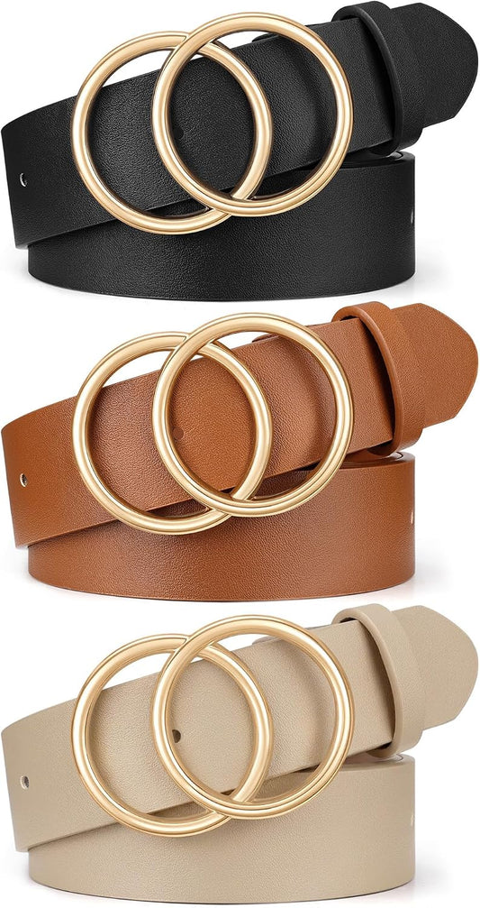HOTXZQTIVE 3 Packs Women's Leather Belts For Jeans Dresses Pants Fashion Ladies Waist Belt with Double O-Ring Gold Buckle