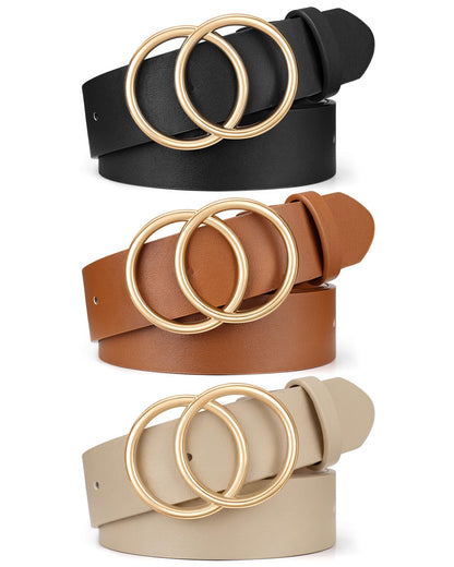 HOTXZQTIVE 3 Packs Women's Leather Belts For Jeans Dresses Pants Fashion Ladies Waist Belt with Double O-Ring Gold Buckle