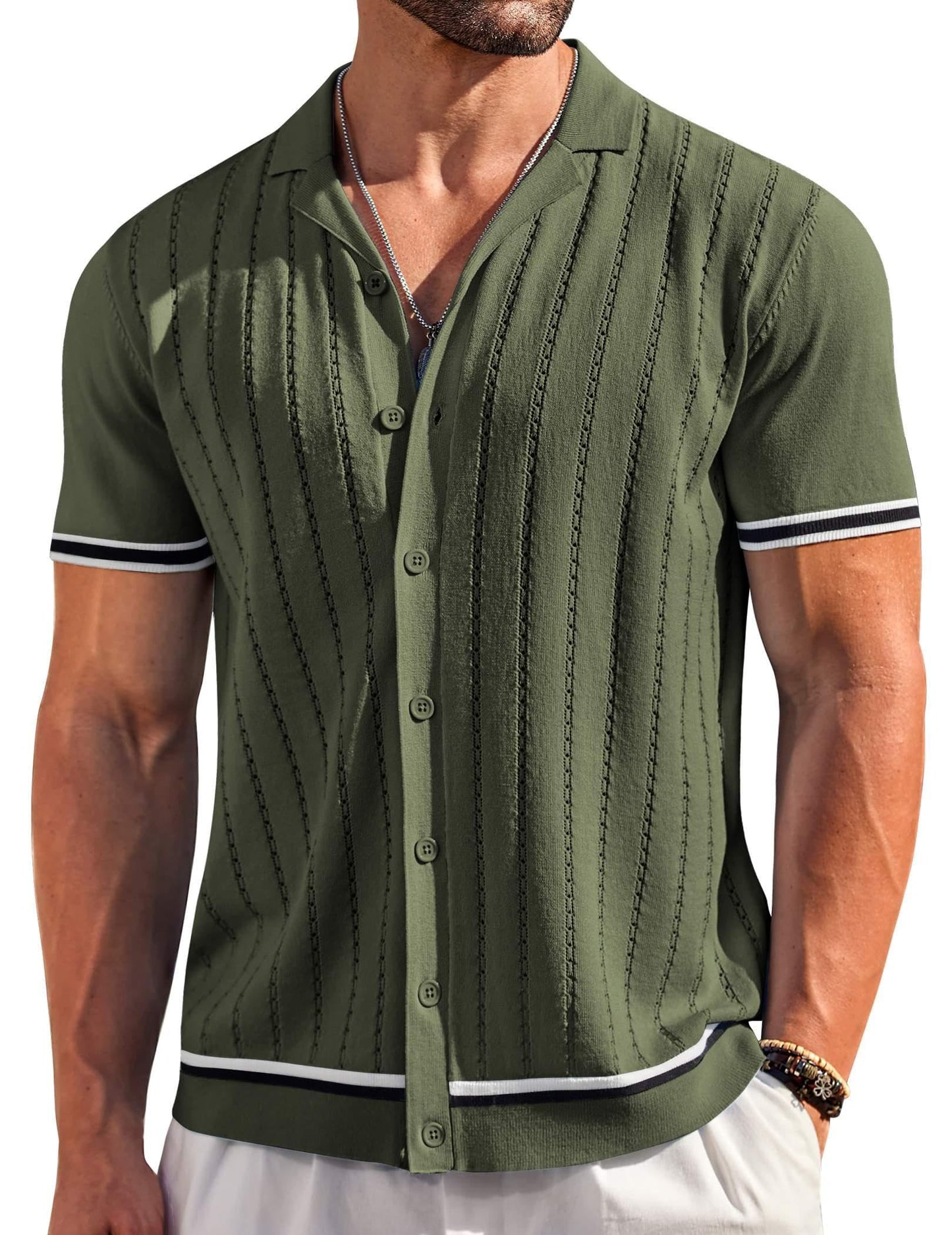 HOTCOOFANDY Men's Short Sleeve Knit Shirt Casual Button Down Shirt Vintage Striped Knitted Golf Beach Tops