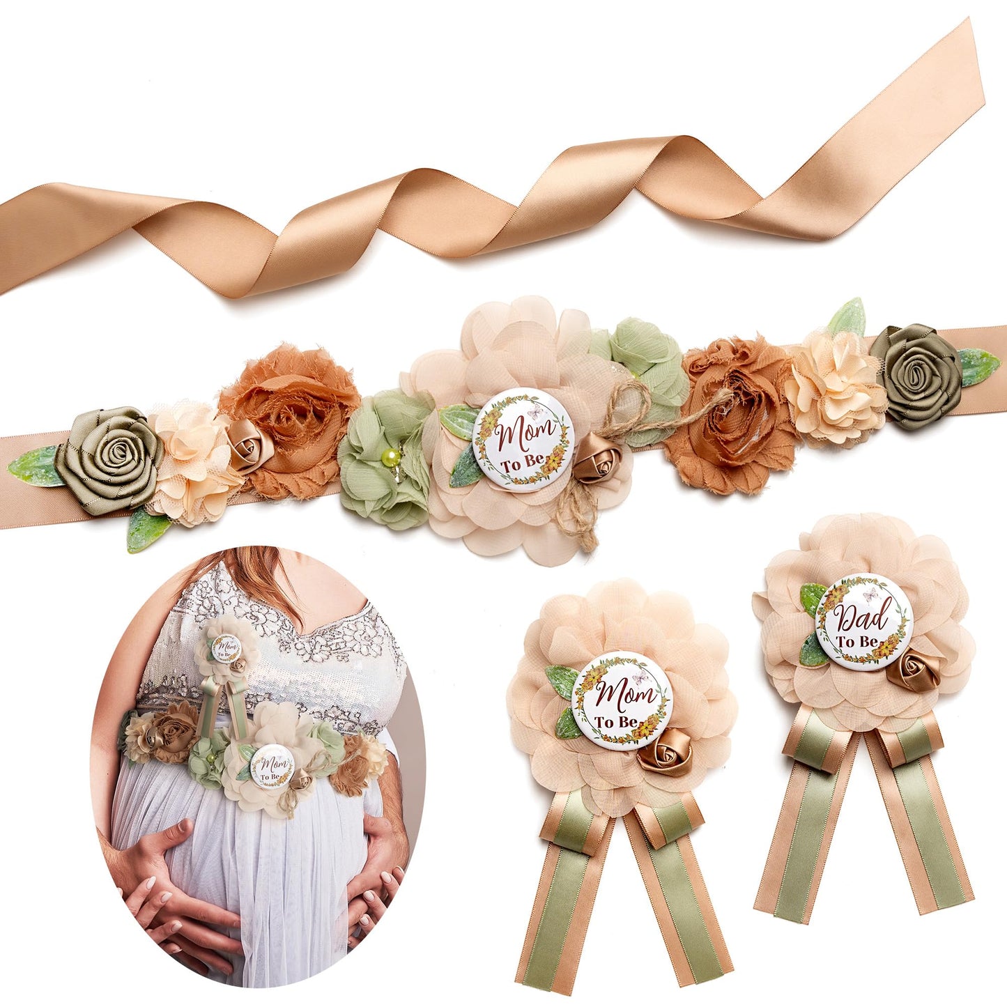 HOTBaby Shower Sash Decorations Mom to Be Corsage Gift Dad to Be Pin 3Pack Set Flower Belt for Maternity Dress - Gender Reveal Pregnancy Photo Props