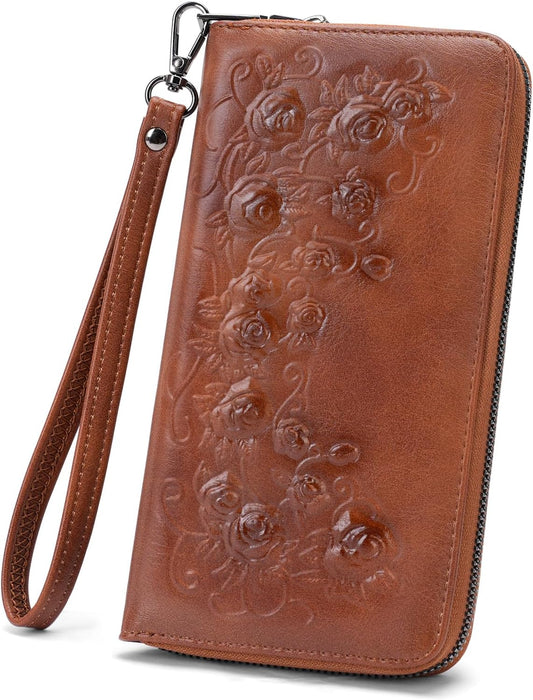 HOTMEITRUE Womens Wallet Large Capacity Phone Clutch Purse RFID Floral Embossed Vegan Leather Travel Wallet with Wristlet Brown