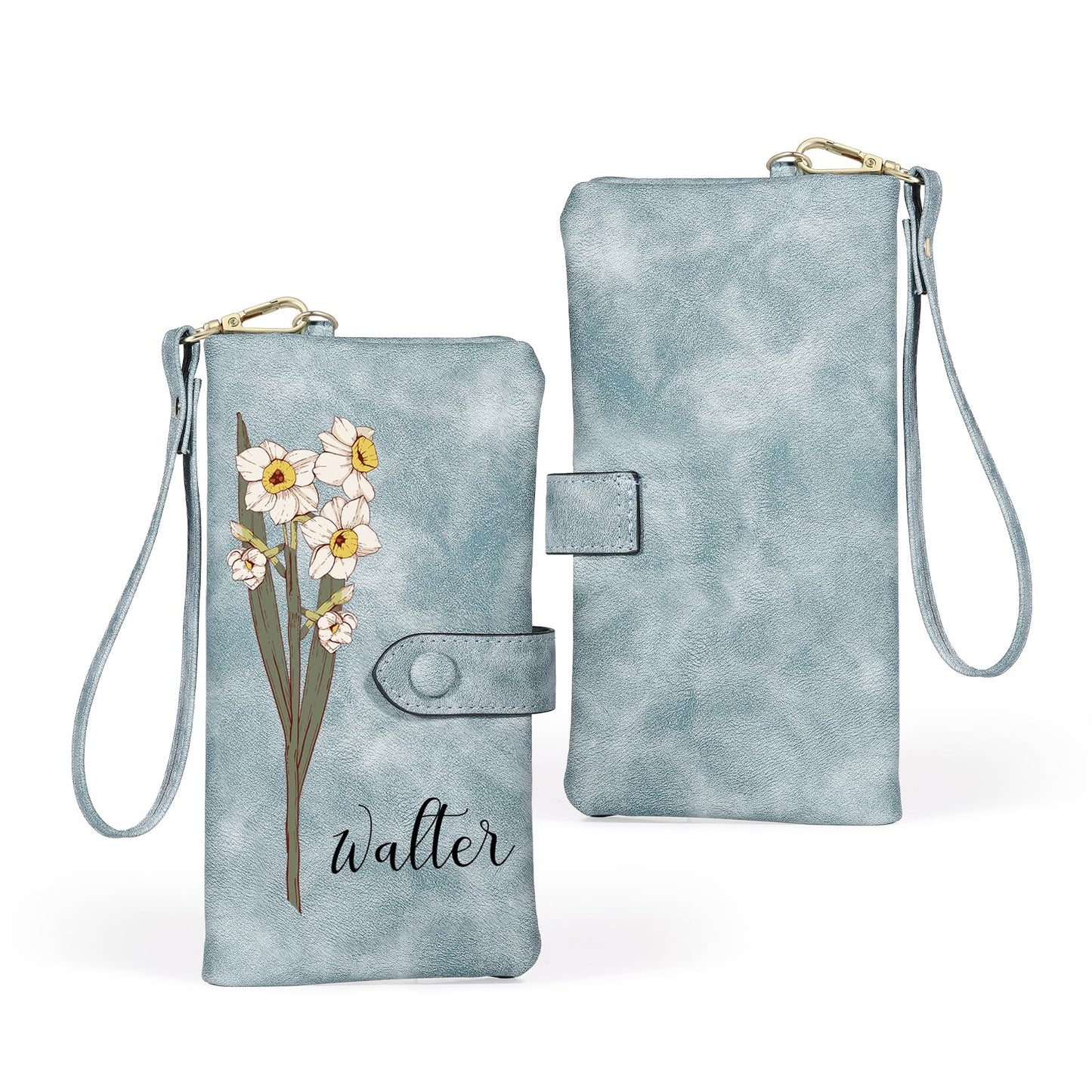 HOTPersonalized Wallet for Women, Custom Birth Flower & Name Detachable Leather Wristlet, Stylish Card Holder Purse with Zipper Large Capacity Wallet Mother's Day Gifts for Mom (Purple)