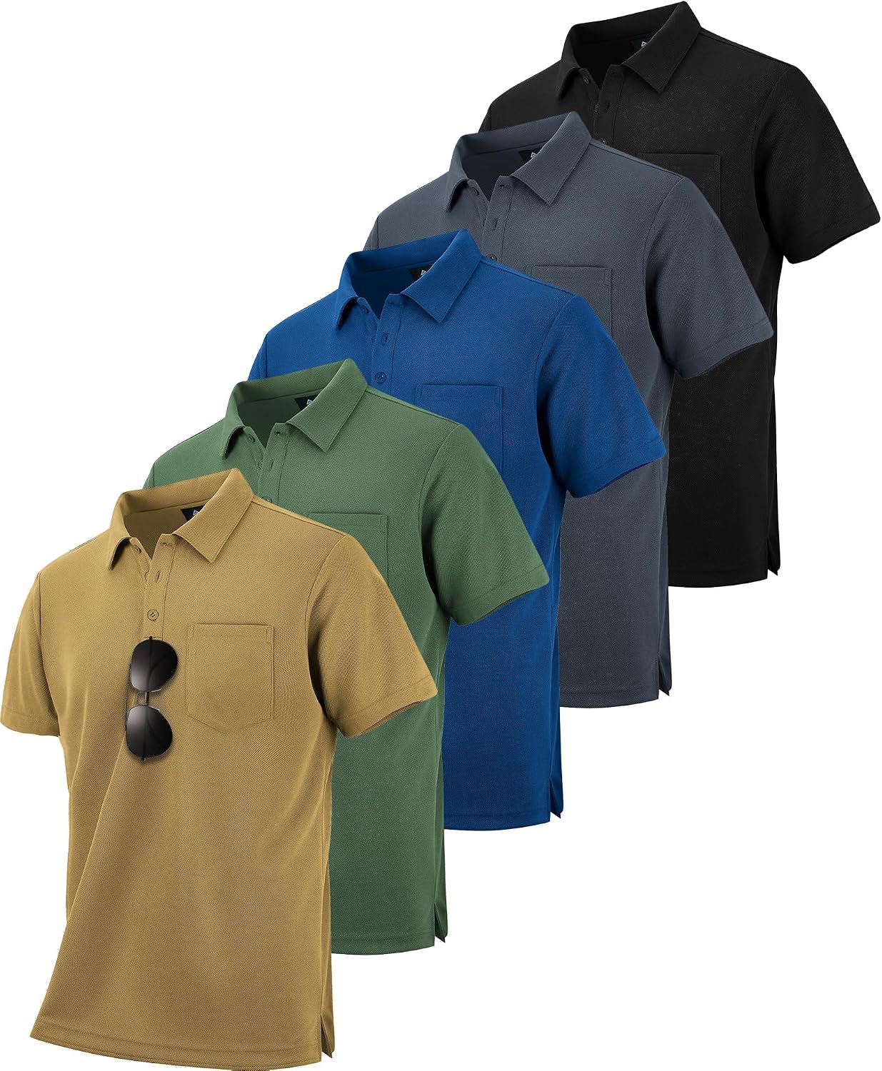 HOTZITY 5 Pack Polo Shirts for Men with Pocket Dry Quickly Short Sleeve Athletic Outdoor Work Collared Shirts
