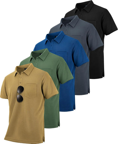 HOTZITY 5 Pack Polo Shirts for Men with Pocket Dry Quickly Short Sleeve Athletic Outdoor Work Collared Shirts