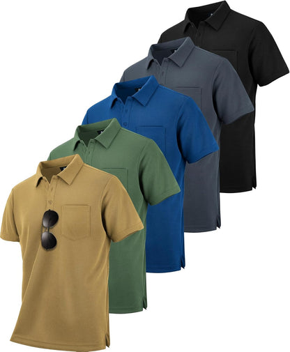 HOTZITY 5 Pack Polo Shirts for Men with Pocket Dry Quickly Short Sleeve Athletic Outdoor Work Collared Shirts