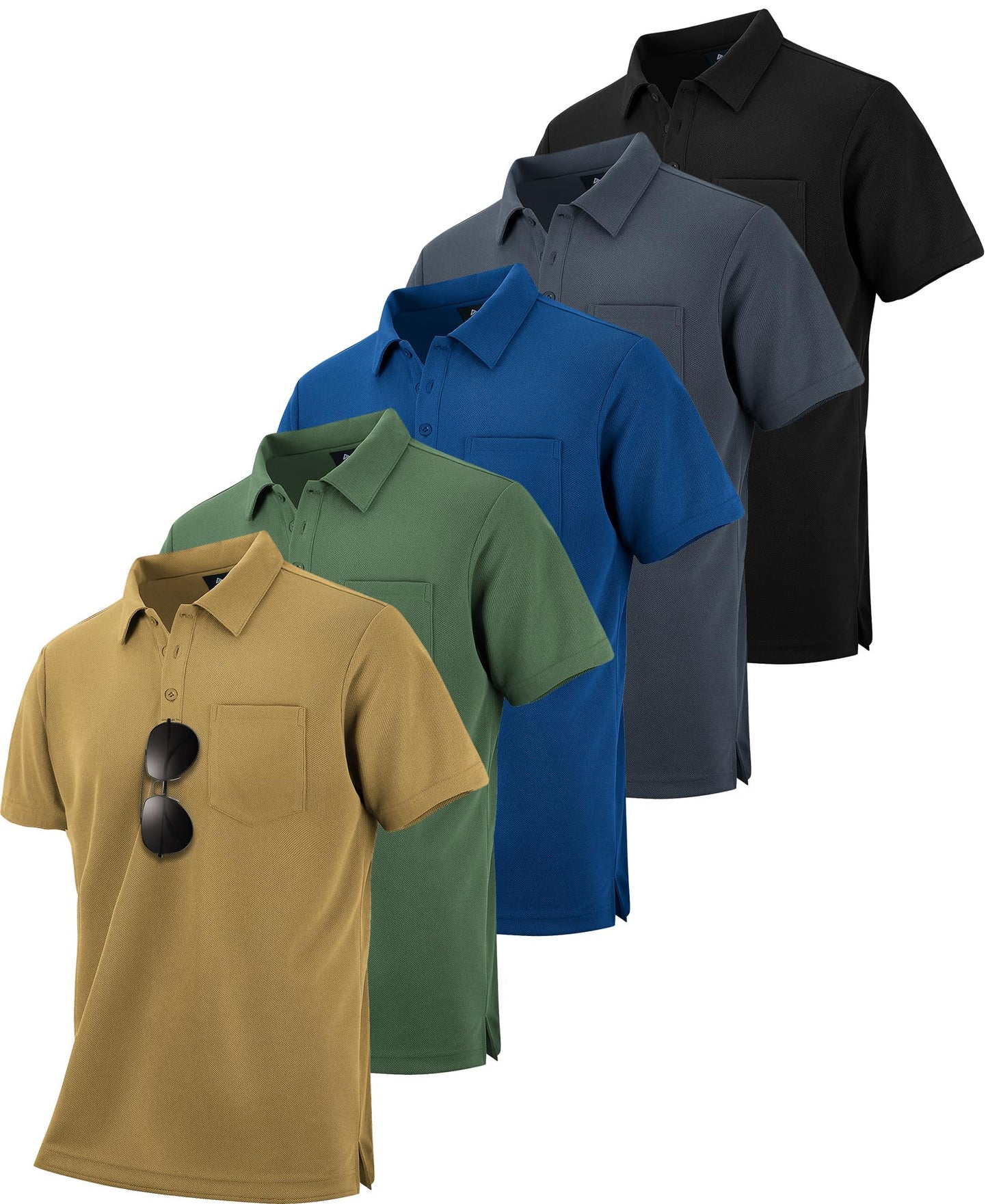 HOTZITY 5 Pack Polo Shirts for Men with Pocket Dry Quickly Short Sleeve Athletic Outdoor Work Collared Shirts