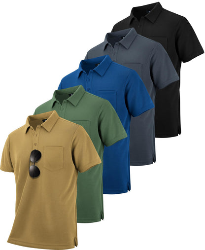 HOTZITY 5 Pack Polo Shirts for Men with Pocket Dry Quickly Short Sleeve Athletic Outdoor Work Collared Shirts