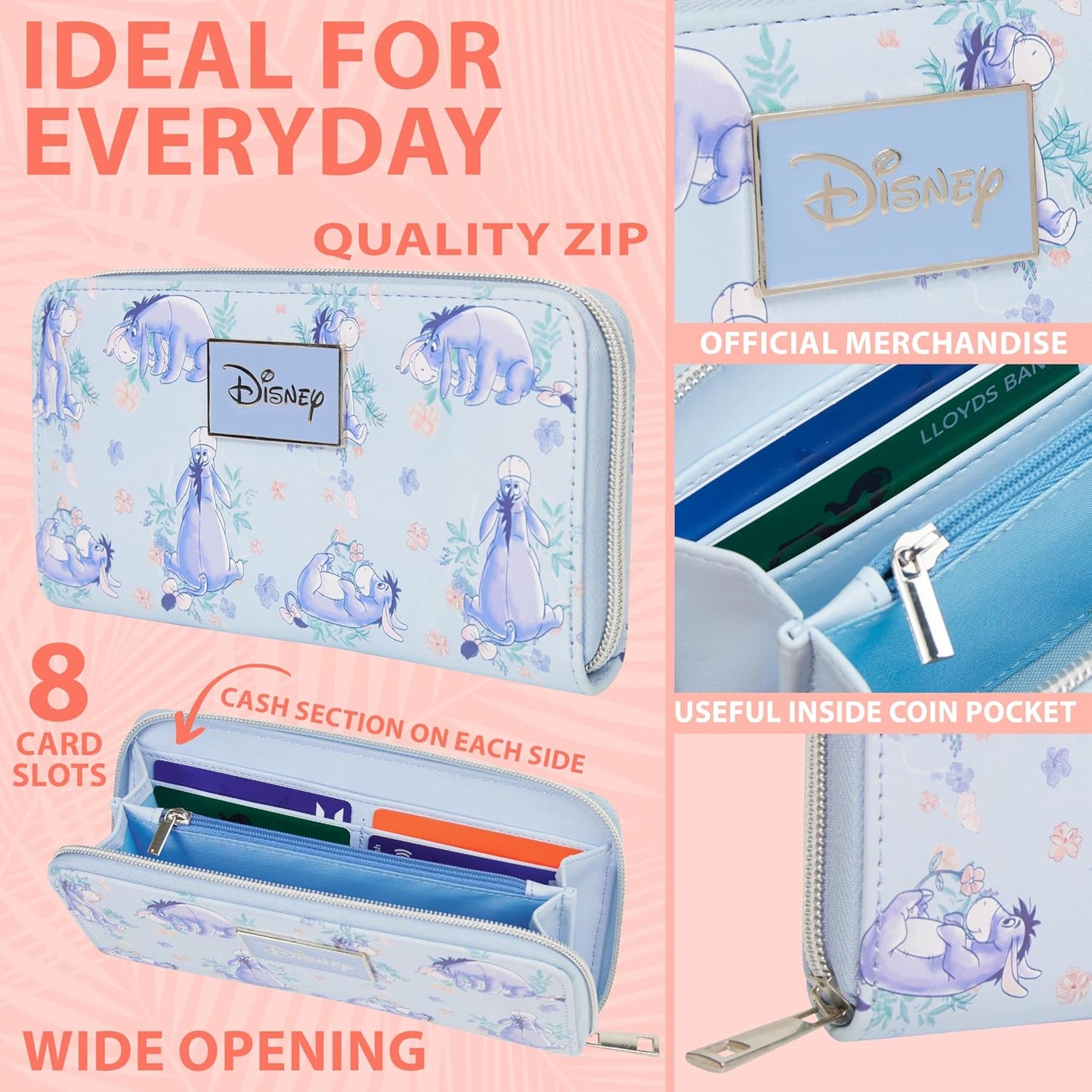 HOTDisney Eeyore Wallet Purses for Women, Teens, Card Holder, Coin Purse, Travel Wallet, Cute Zipper Long Clutch Accessory, Gifts for Women