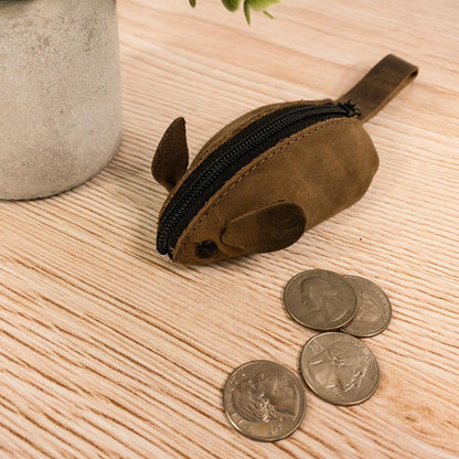 HOTHide & Drink, Mouse-Shaped Coin Pouch, Change Pouch, Pocket Case for Coins, Travel Accessory, Full Grain Leather, Handmade, Bourbon Brown